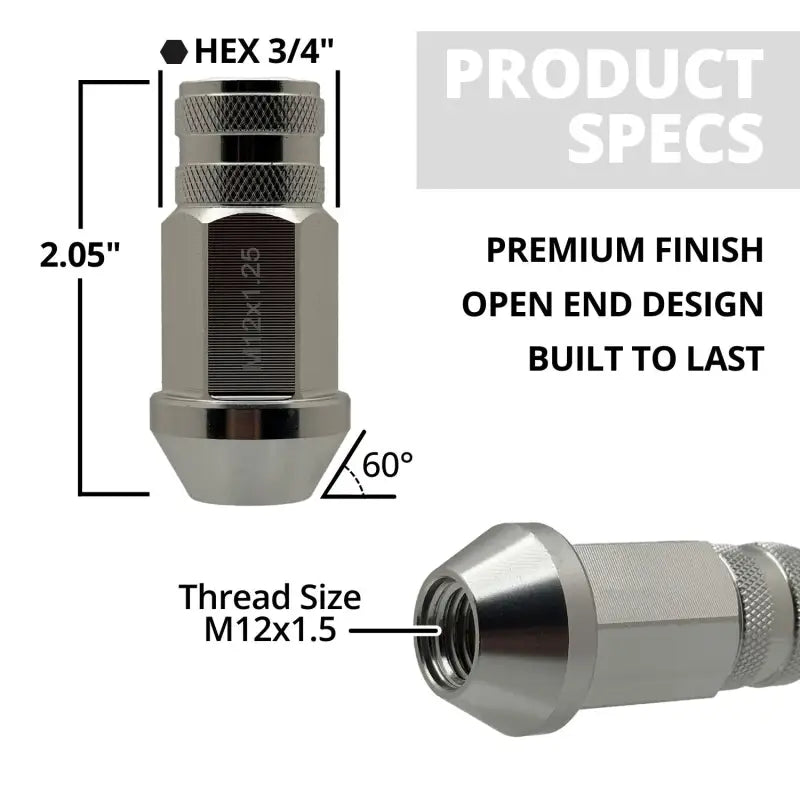 12x1.25 7075 T6 Aluminum Open End Racing Lugs 2.05’’ Tall - Silver - 20 Lug Kit