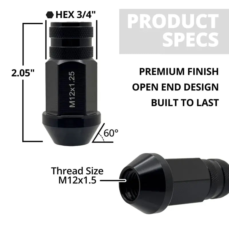 12x1.25 7075 T6 Aluminum Open End Racing Lugs 2.05’’ Tall - Black - 20 Lug Kit