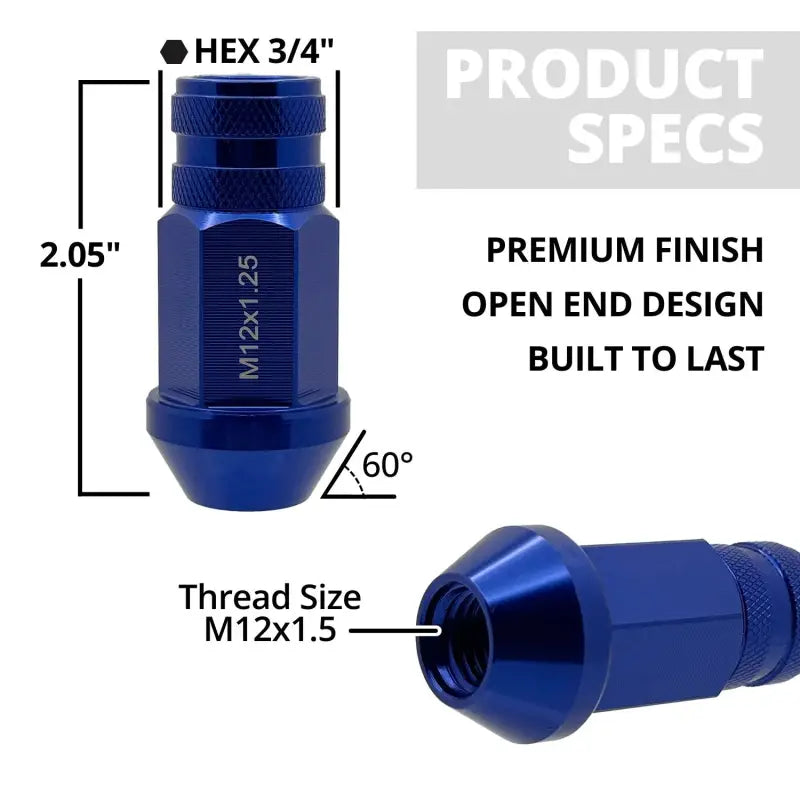 12x1.25 7075 T6 Aluminum Open End Racing Lugs 2.05’’ Tall - Blue - 20 Lug Kit