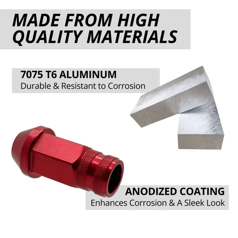 12x1.25 7075 T6 Aluminum Open End Racing Lugs 2.05’’ Tall - Red - 20 Lug Kit