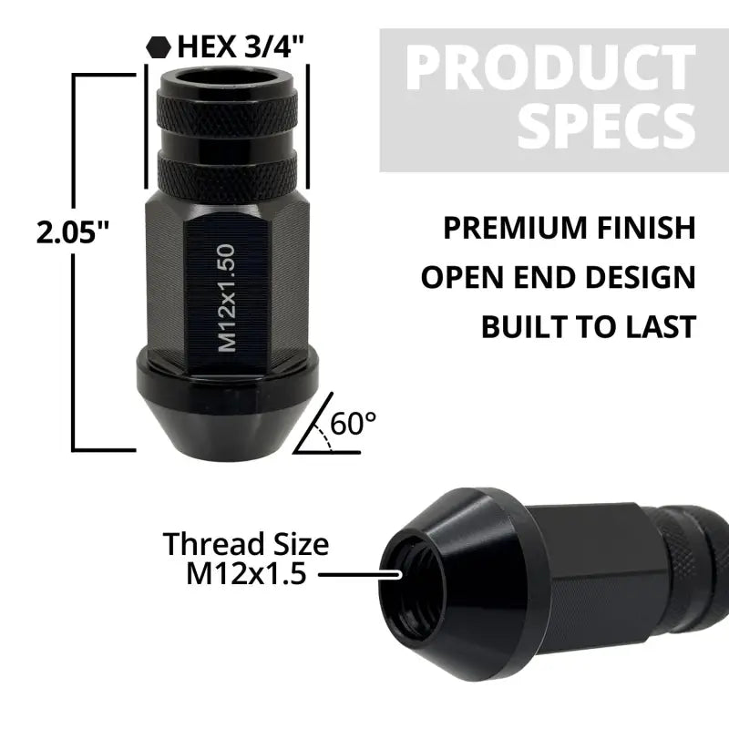 12x1.5 7075 T6 Aluminum Open End Racing Lugs 2.05’’ Tall - Black - 20 Lug Kit