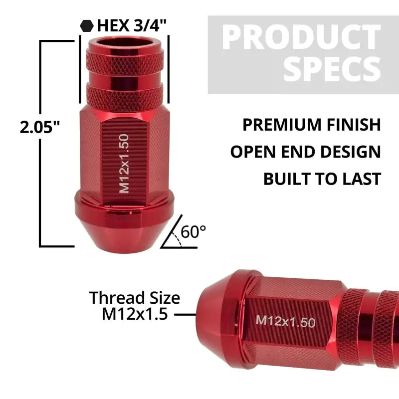 12x1.5 7075 T6 Aluminum Open End Racing Lugs 2.05’’ Tall - Red - 20 Lug Kit