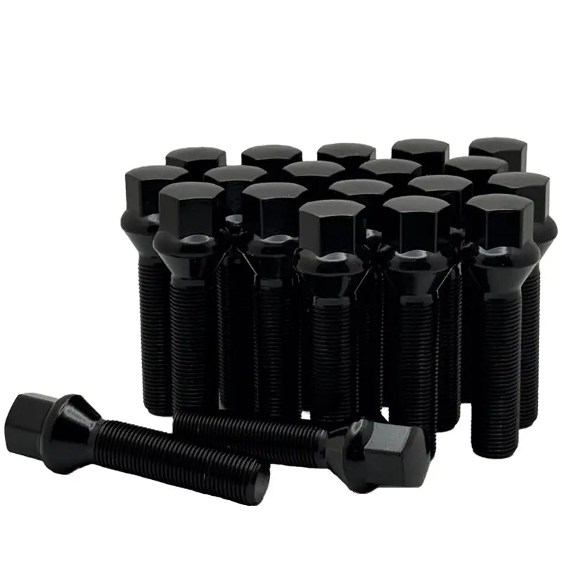 A 20 piece kit of black 14x1.25 17mm hex 50mm conical bolts.