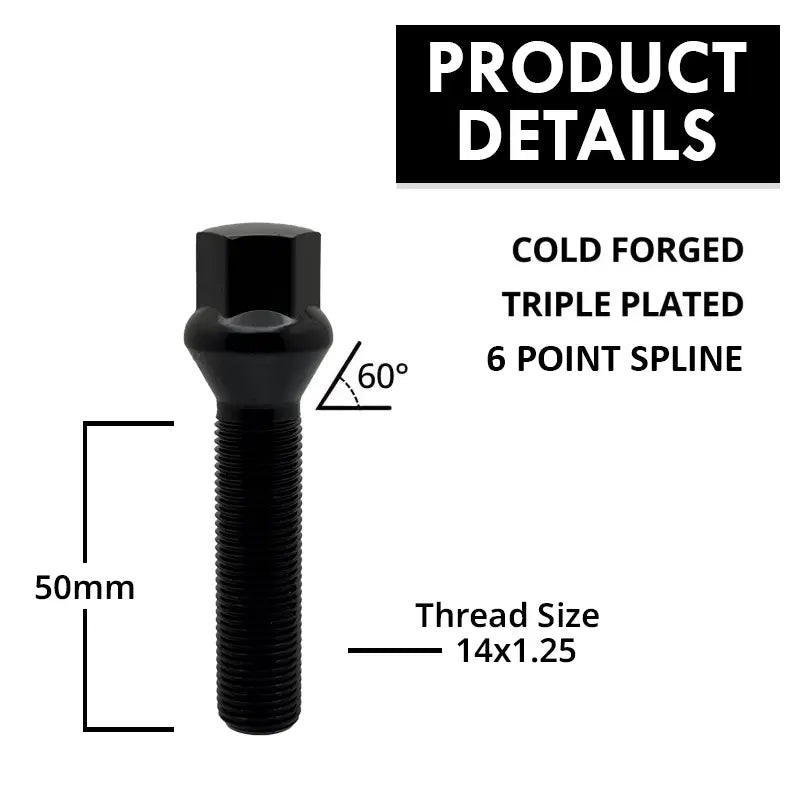 A description of a high quality 14x1.25 17mm hex 50mm conical bolt.