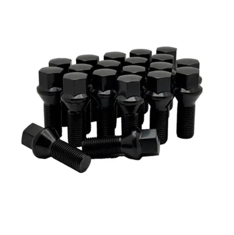 A 20 piece kit of black 14x1.5 17mm hex 27mm conical bolts.