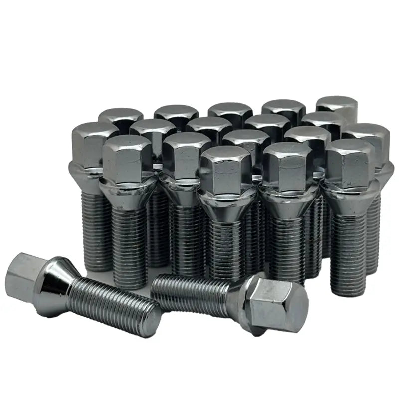 A 20 piece kit of black 14x1.5 17mm hex 33mm conical bolts.