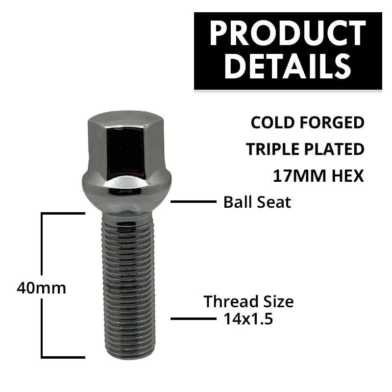 A description of a high quality 14x1.5 17mm hex 40mm ball bolt.