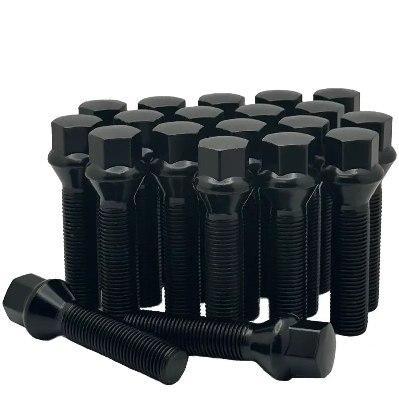 A 20 piece kit of black 14x1.5 17mm hex 50mm conical bolts.