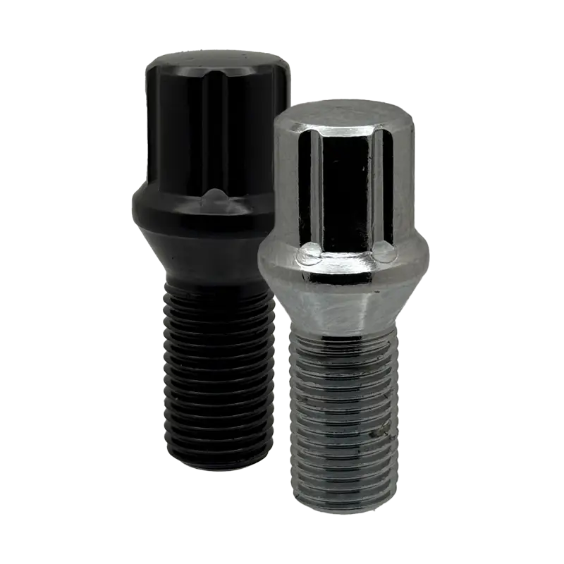 Chrome and black 14x1.5 spline 24mm conical bolts.