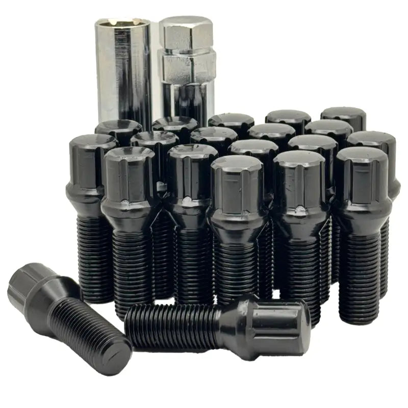 A 20 piece kit of black 14x1.5 spline 32mm conical bolts with 2 keys.
