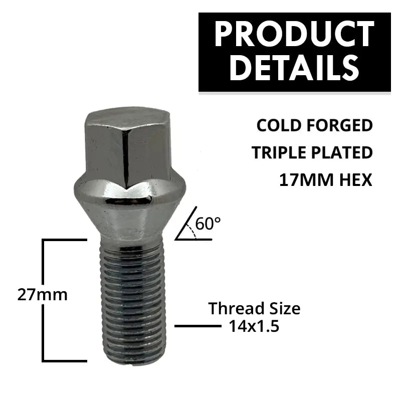 A description of a high quality 14x1.5 17mm hex 27mm conical bolt.