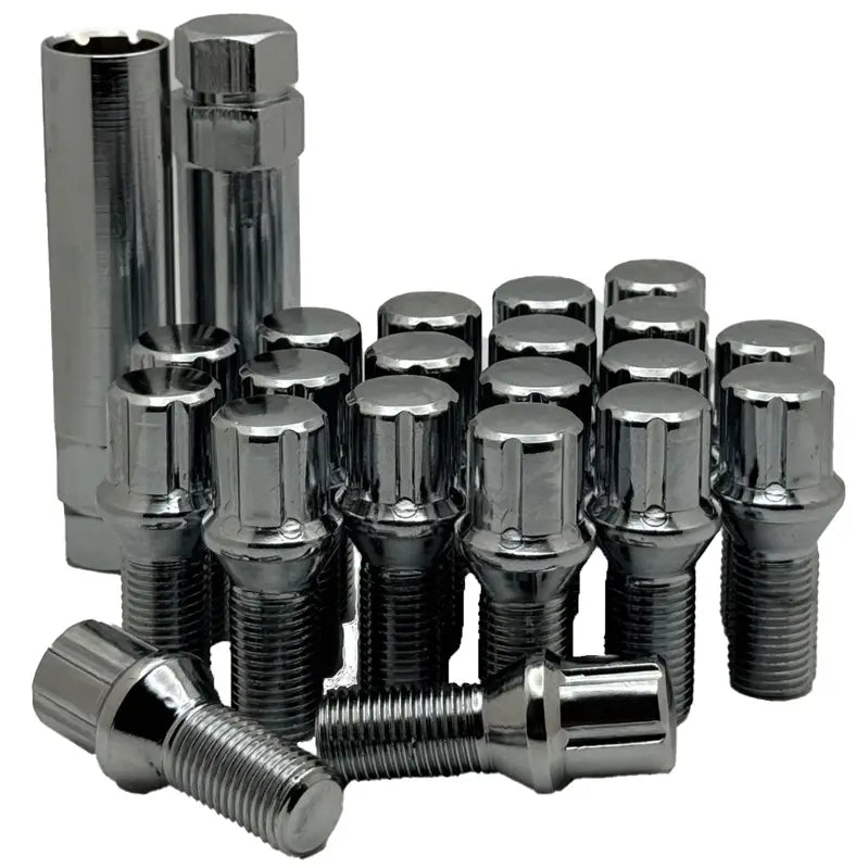 A 20 piece kit of chrome 14x1.5 Spline 24mm conical bolts with 2 keys.