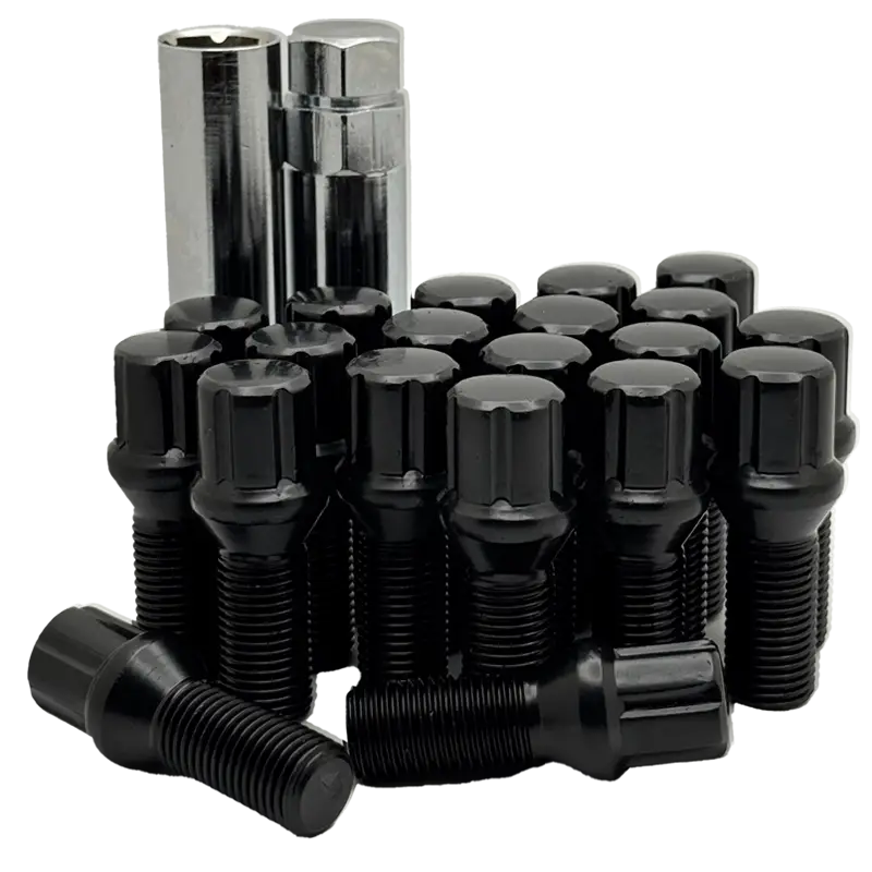 A 20 piece kit of black 14x1.5 Spline 28mm conical bolts with 2 keys.