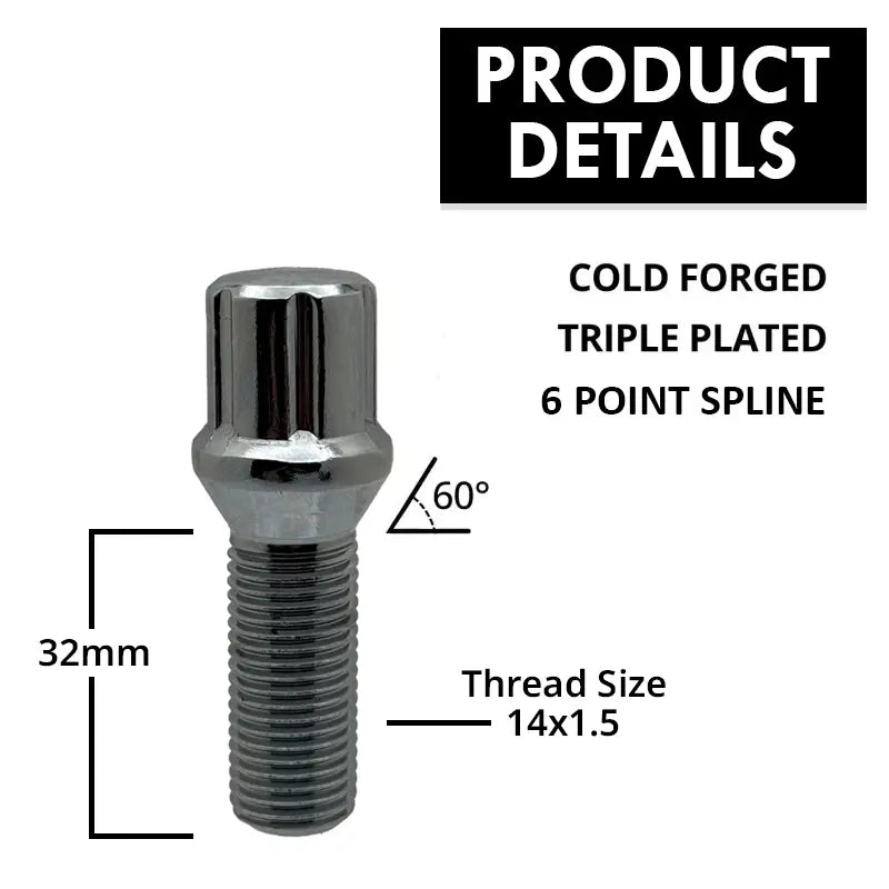 A description of a high quality 14x1.5 spline 32mm conical bolt.