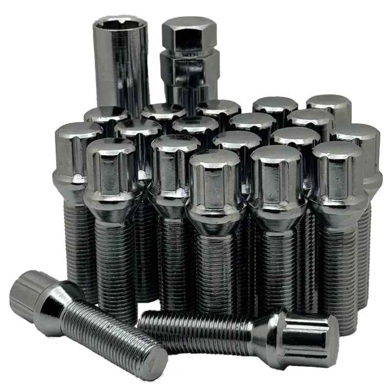 A 20 piece kit of chrome 14x1.5 17mm hex 40mm ball bolts.