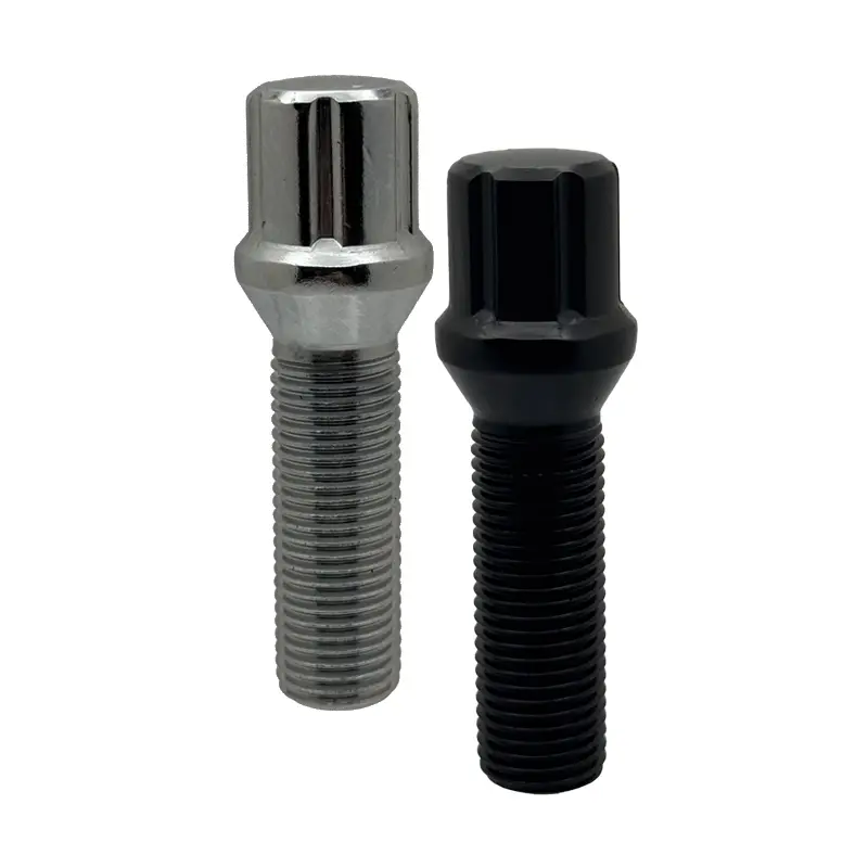 One chrome and one black 14x1.5 spline 40mm conical bolts.
