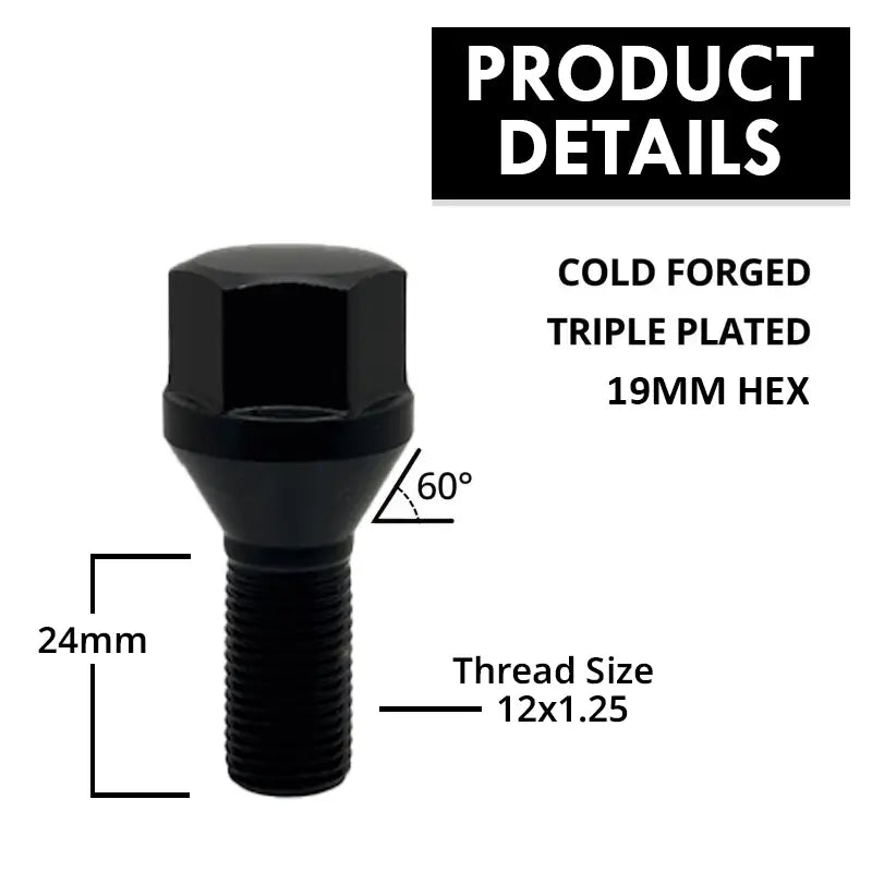 Chrysler Jeep Dodge 12x1.25 19mm Hex 24mm Conical Black OE Replacement Bolt