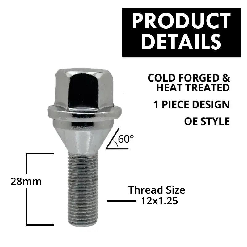 A description of a high quality 12x1.25 hex 28mm conical OE replacement bolt.