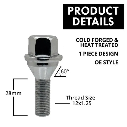 A description of a high quality 12x1.25 hex 28mm conical OE replacement bolt.