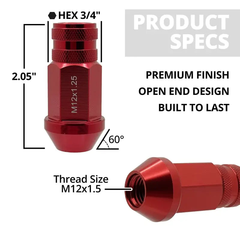12x1.25 7075 T6 Aluminum Open End Racing Lugs 2.05’’ Tall - Red - 20 Lug Kit