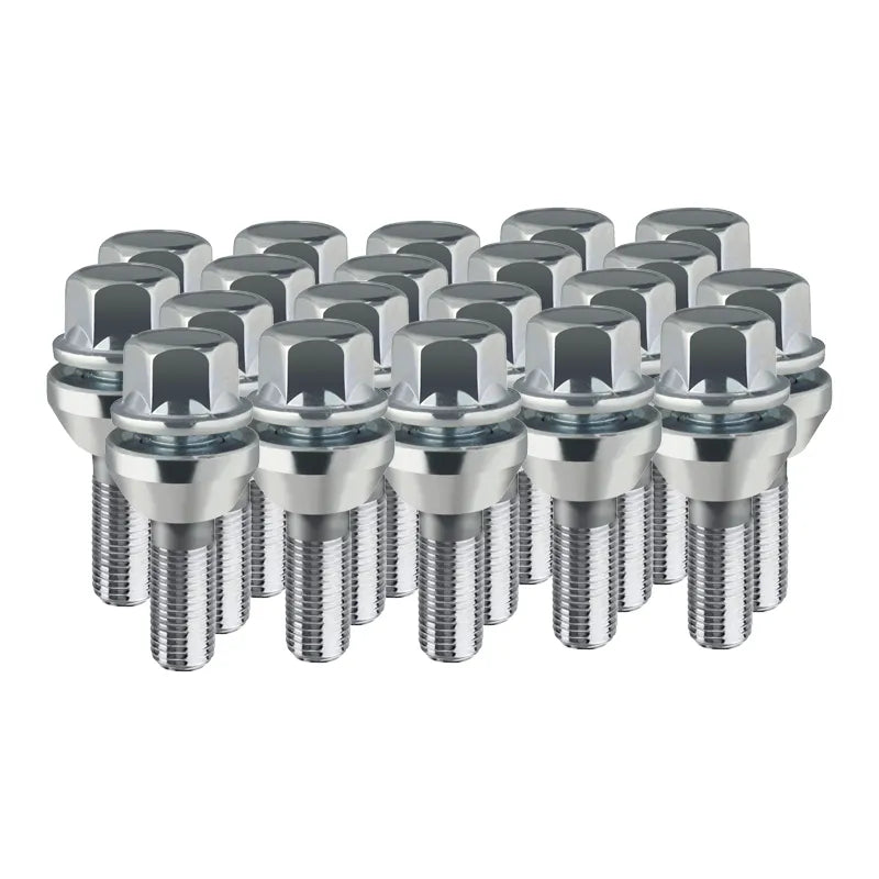 Kit of 20 white zinc PCD lug bolts on a white background