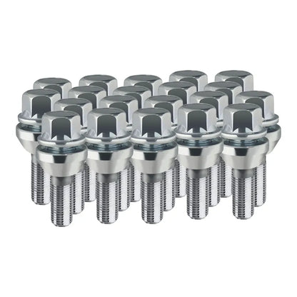 Kit of 20 white zinc PCD lug bolts on a white background