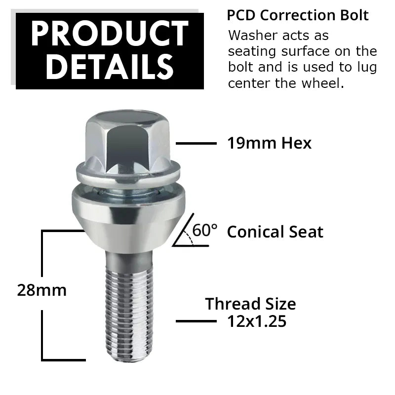White zinc PCD lug bolt with product details on a white background.