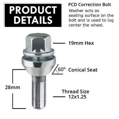 White zinc PCD lug bolt with product details on a white background.