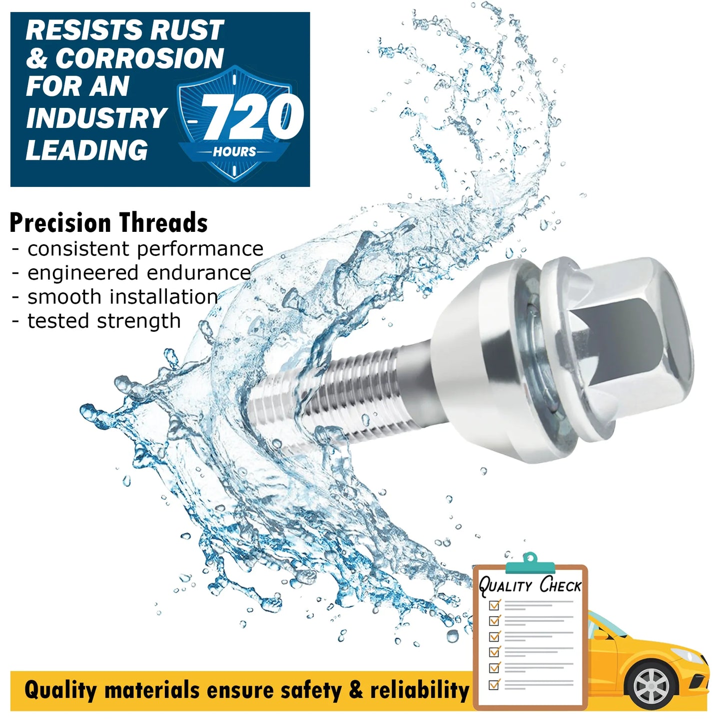 Lug bolt with water splash, highlighting resistance to rust, precision threads and quality materials, on a white background.
