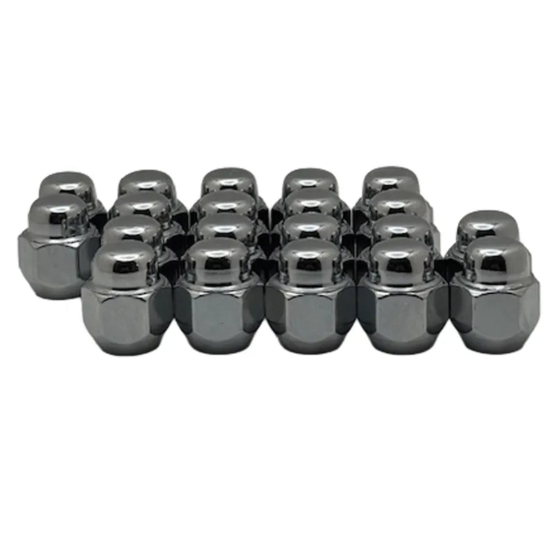 Set of 20 12x1.25 conical 21mm hex Subaru white zinc lug nuts on a white background