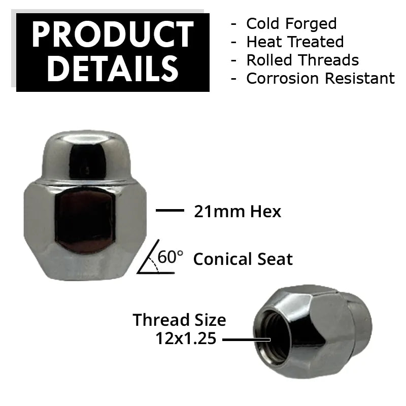 12x1.25 conical 21mm hex Subaru lug nut with product details on a white background