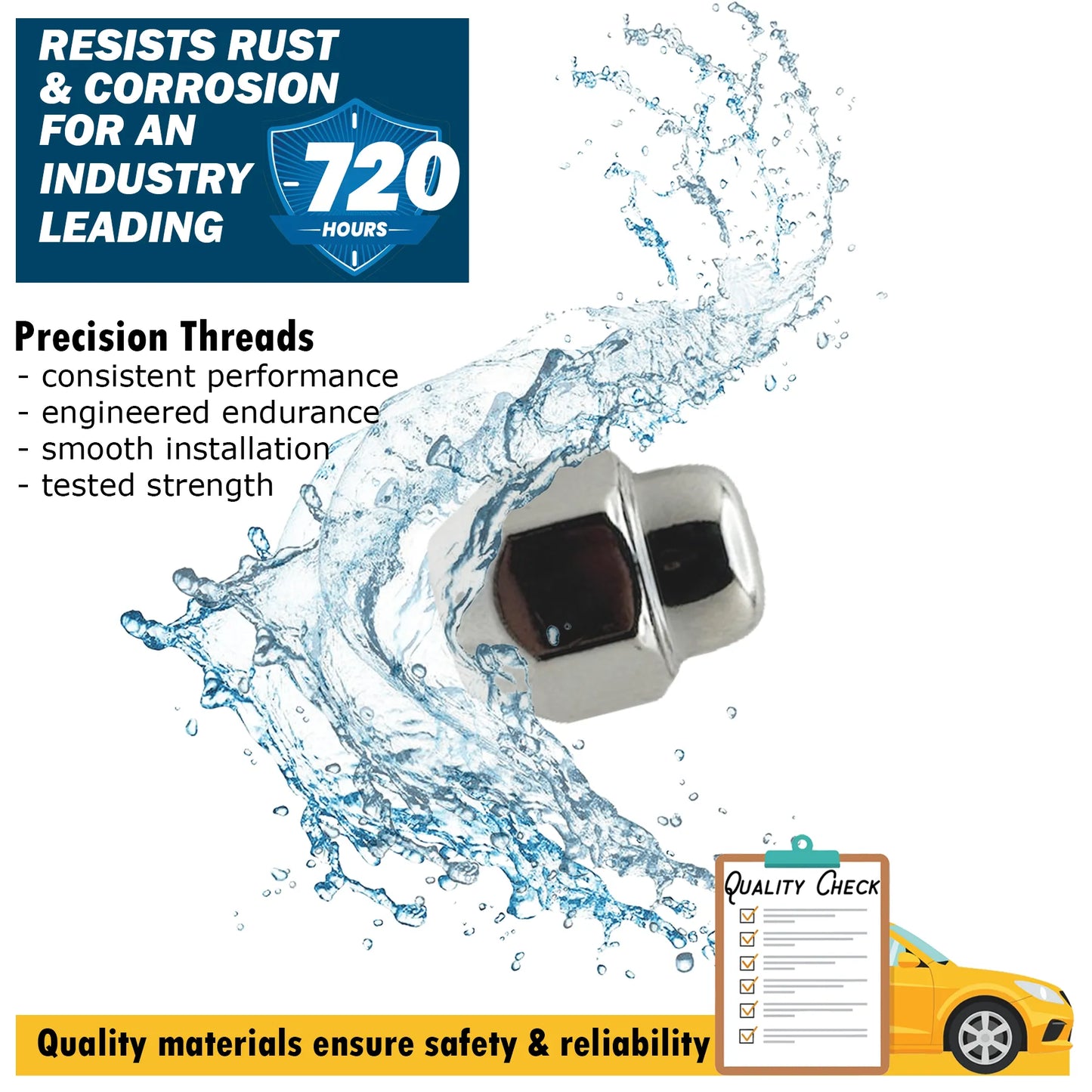12x1.25 conical 21mm hex Subaru lug nut splashed with water. Includes text highlighting features like rust resistance, quality materials and precision threads.