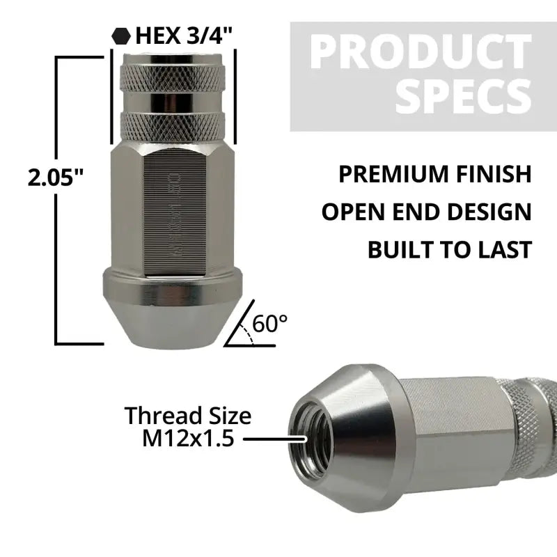12x1.5 7075 T6 Aluminum Open End Racing Lugs 2.05’’ Tall - Silver - 20 Lug Kit