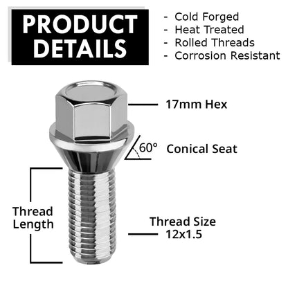 Chrome bolt with detailed product features on a white background