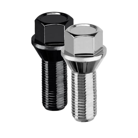 Two bolts, one black and one silver, on a white background