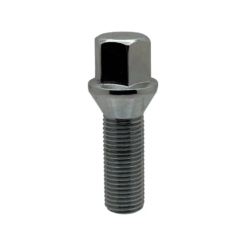 single white zinc 12x1.5 17mm hex conical bolt on white background.