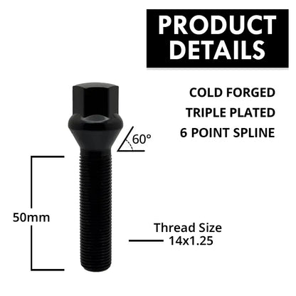 A description of a high quality 14x1.25 17mm hex 50mm conical bolt.