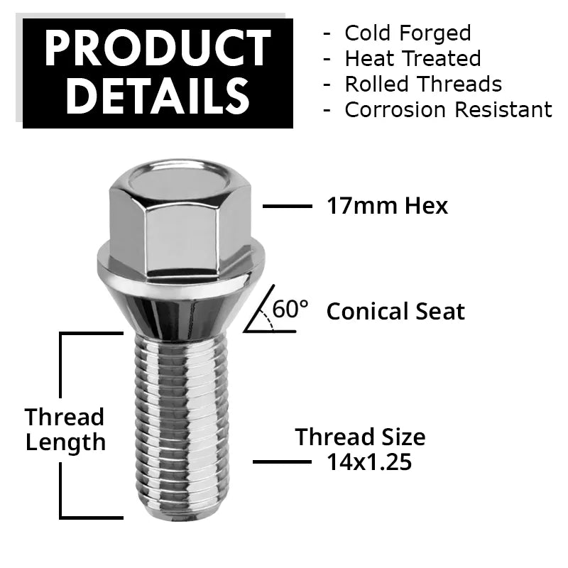 White zinc lug bolt with product details on a white background