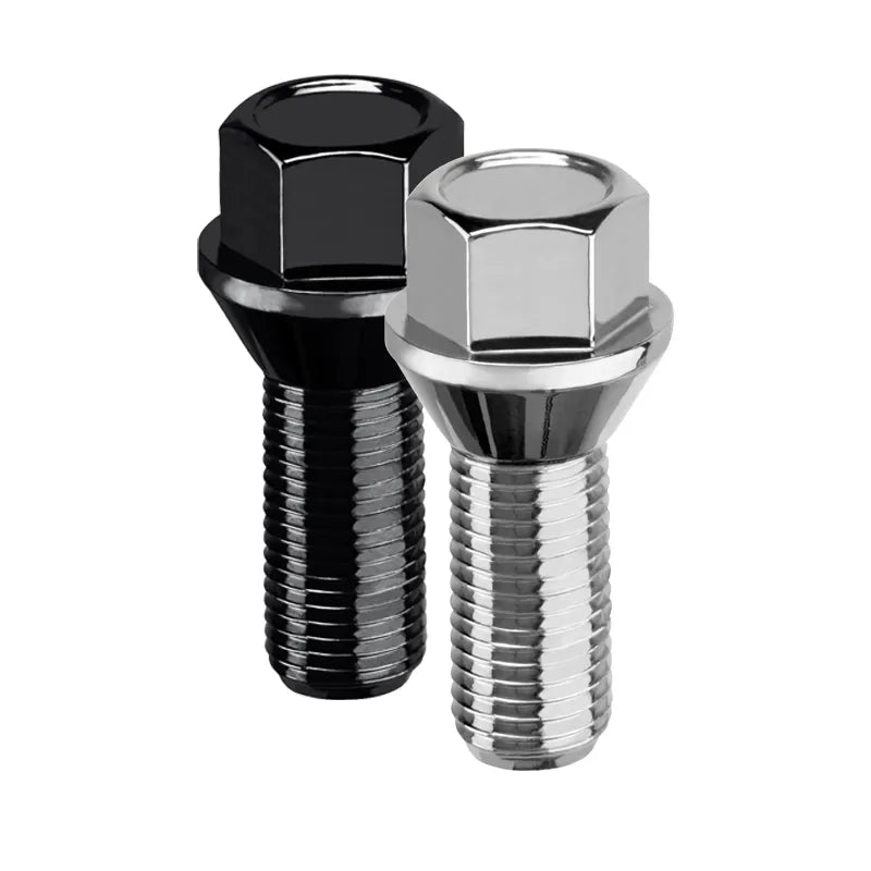 Two lug bolts, one black zinc and one white zinc, on a white background