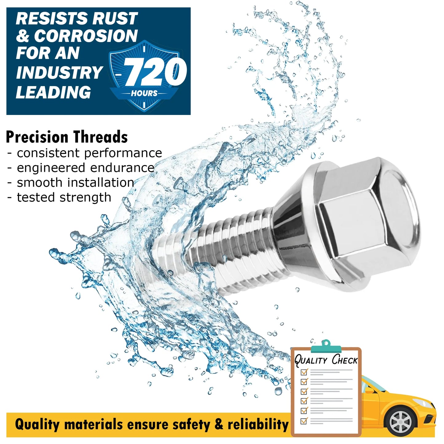 White zinc bolt with water splash and text about rust resistance, precision threads and quality materials on a white background