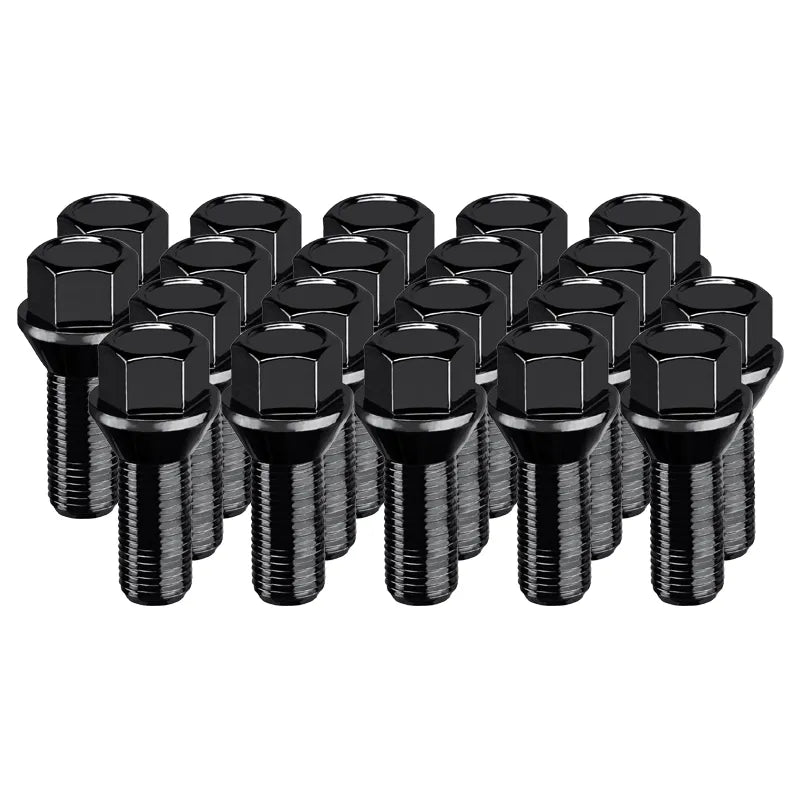 Set of 20 black zinc standing lug nuts on a white background