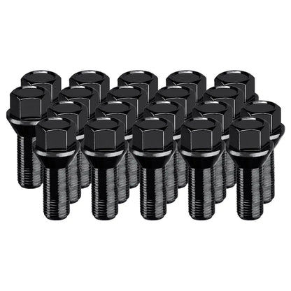 Set of 20 black zinc standing lug nuts on a white background
