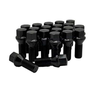 A 20 piece kit of black 14x1.5 17mm hex 27mm conical bolts.