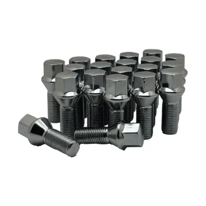 A 20 piece kit of chrome 14x1.5 17mm hex 27mm conical bolts.