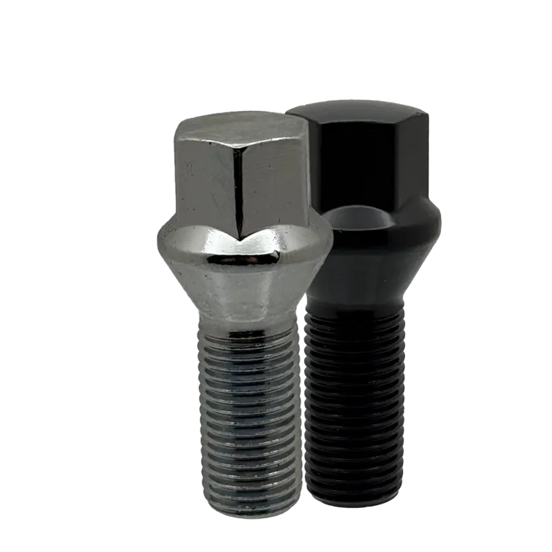 Chrome and black 14x1.5 17mm hex 27mm conical bolts.
