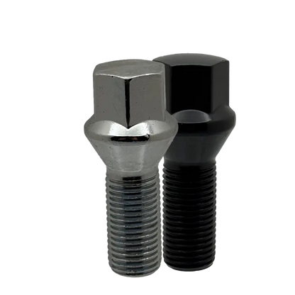 Chrome and black 14x1.5 17mm hex 27mm conical bolts.