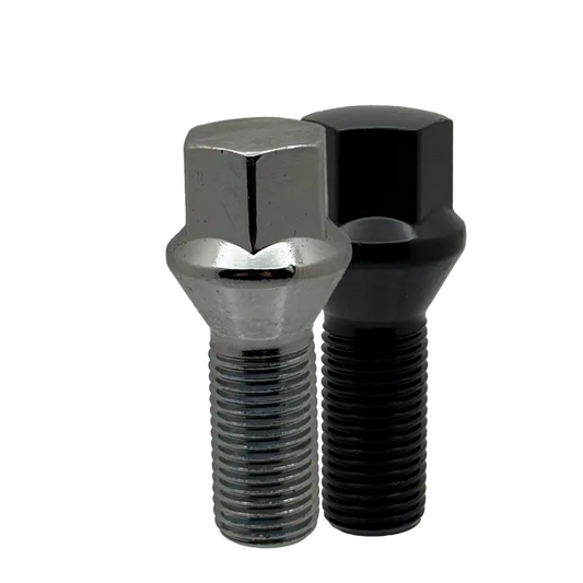 Chrome and black 14x1.5 17mm hex 27mm conical bolts.