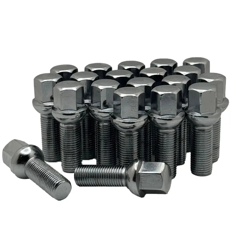 A 20 piece kit of chrome 14x1.5 17mm hex 33mm ball bolts.