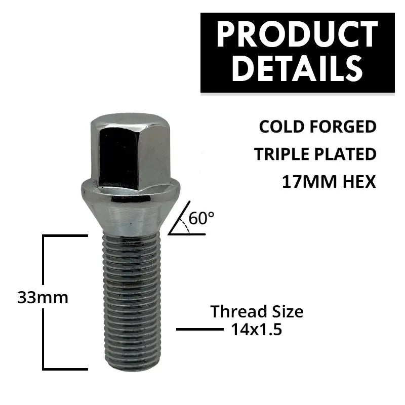 A description of a high quality 14x1.5 17mm hex 33mm conical bolt.