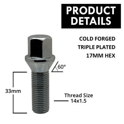 A description of a high quality 14x1.5 17mm hex 33mm conical bolt.